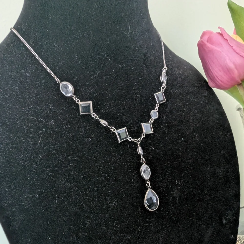 Vintage Silver-Tone Black Crystal Drop Necklace - Picture 12 of 13